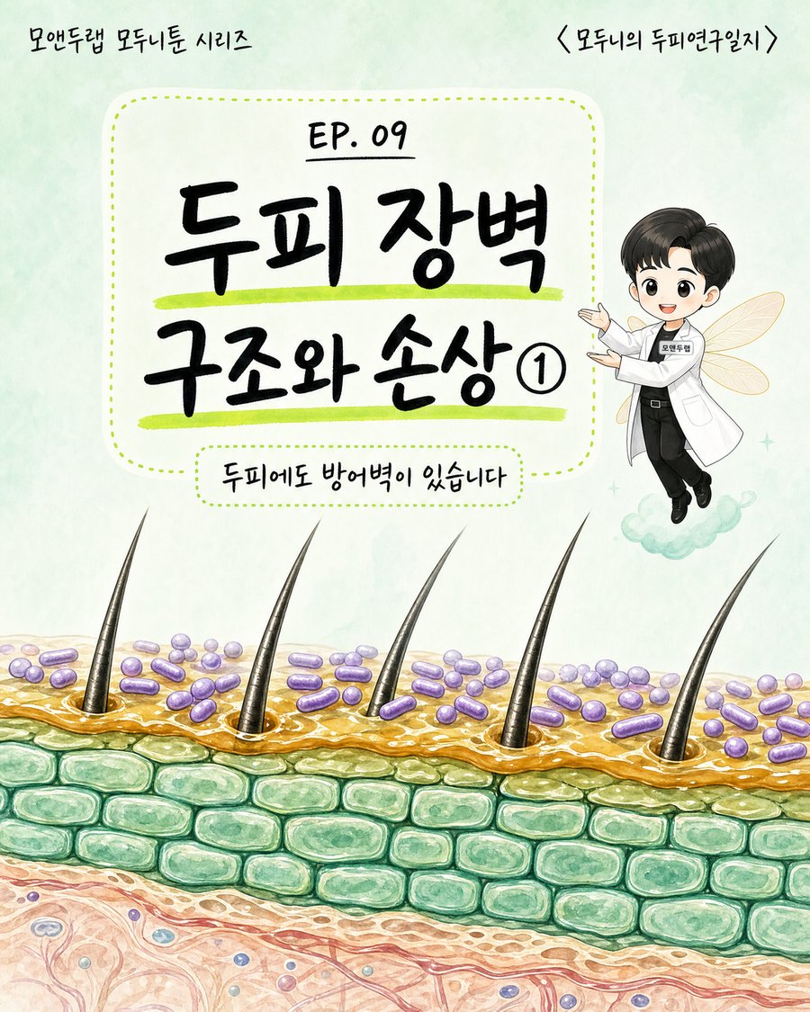 요정 날개를 단 캐릭터가 두피 단면 위에 떠서 손으로 가리키는 모습과, 그 아래 모낭·상재균·피지막·각질층이 겹겹이 쌓인 두피 단면을 그린 EP09-1 표지 이미지