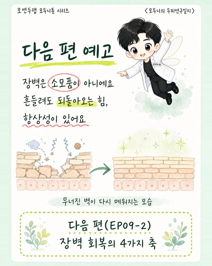 손상된 두피 장벽이 은은한 빛을 받으며 서서히 회복되어 가는 모습과 함께 "다음 편(EP09-2)" 예고 문구가 담긴 그림