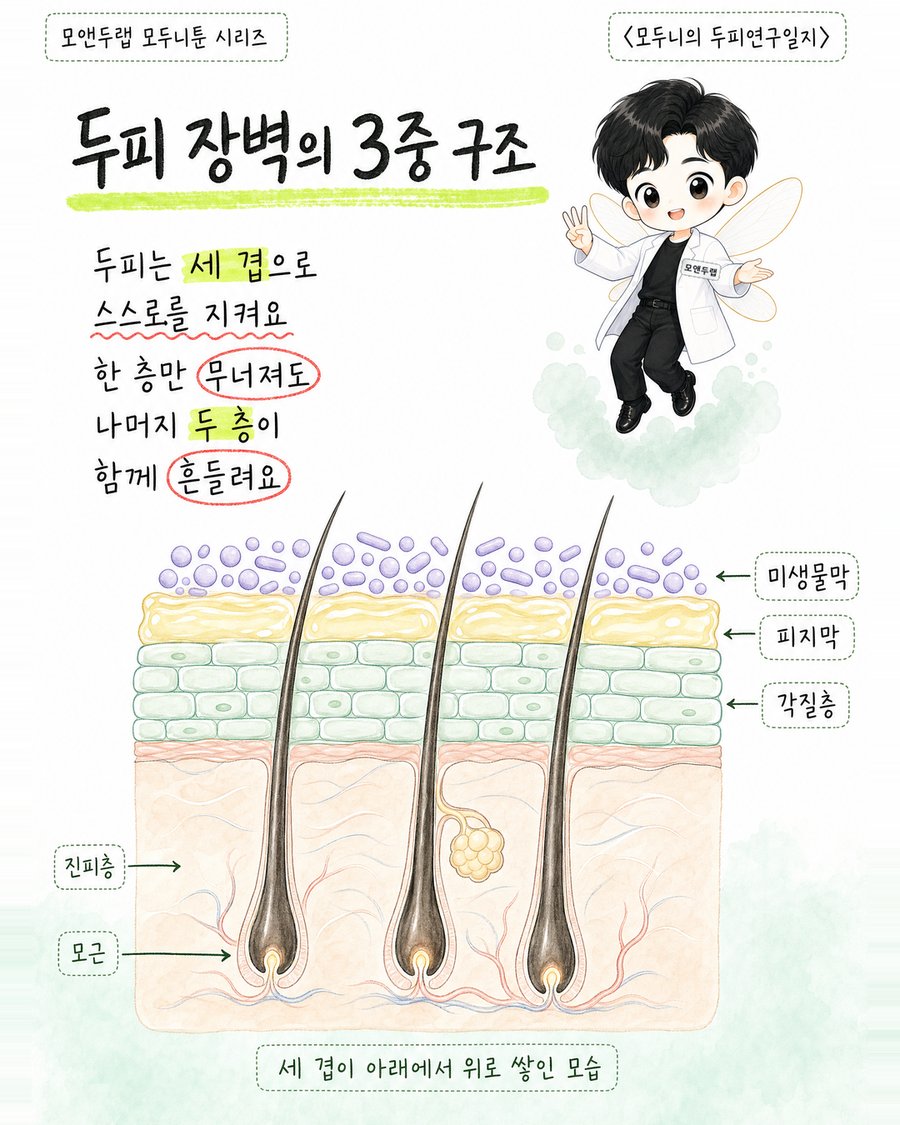 두피 단면에서 각질층·피지막·미생물막이 안쪽부터 바깥쪽 순서로 쌓인 3중 구조를 라벨과 함께 보여주는 그림