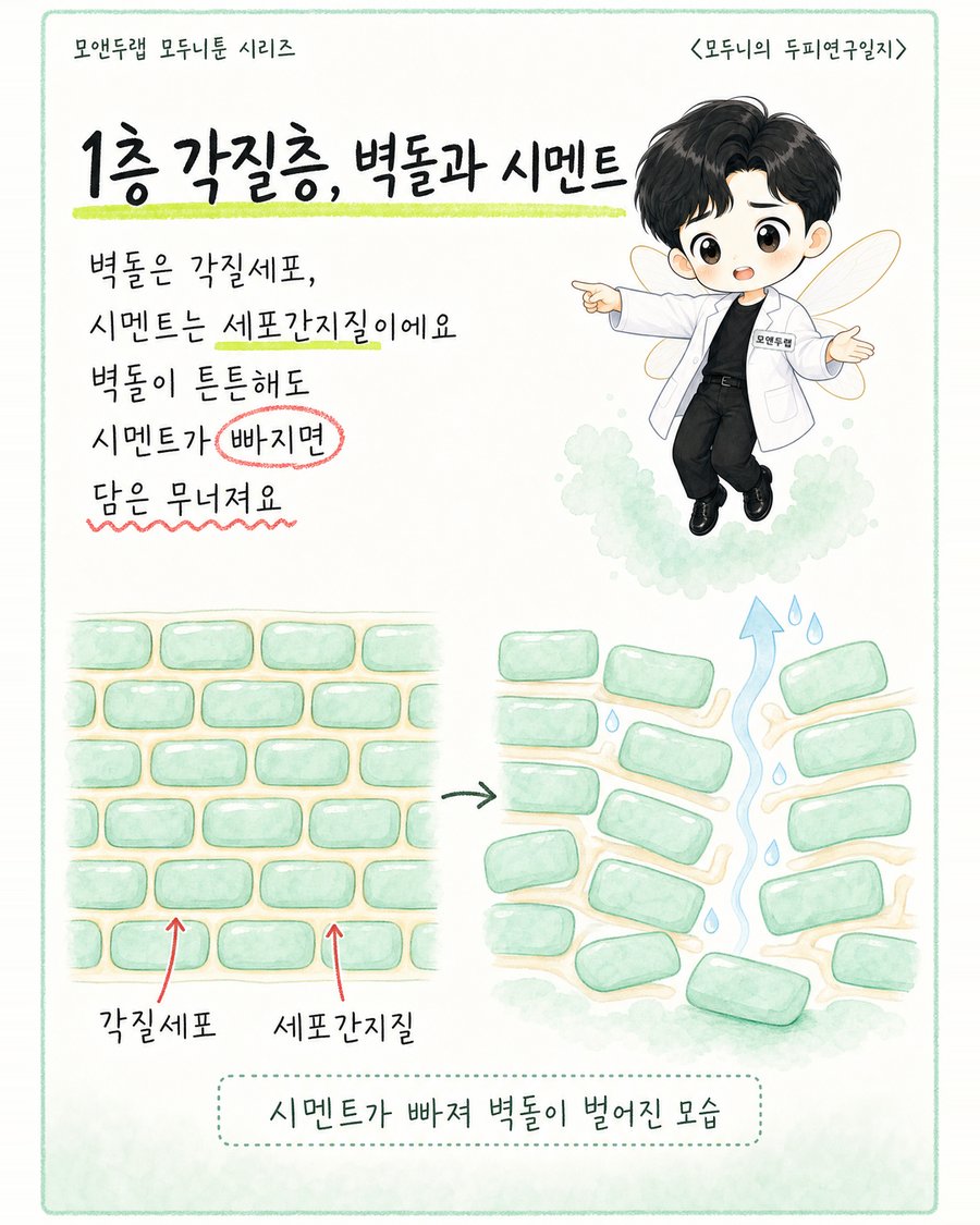 각질세포와 세포간지질로 이루어진 온전한 벽돌 구조 왼쪽 그림과, 시멘트(세포간지질)가 빠져나가 벽돌 틈이 벌어지고 화살표를 따라 수분이 위로 빠져나가는 오른쪽 그림을 나란히 배치하고, 상단 말풍선의 "빠지면"이라는 글자에 빨간 동그라미 강조가 있는 그림