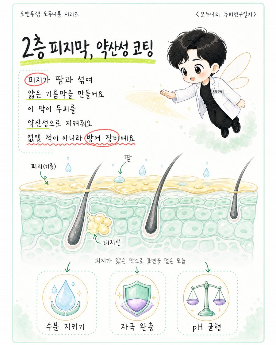 피지선에서 나온 피지가 얇은 약산성 코팅막을 이루어 수분 증발 차단·외부 자극 완충·pH 균형이라는 세 가지 역할을 하는 모습을 아이콘으로 정리한 그림