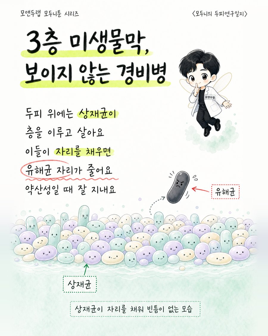 다양한 색의 상재균이 빈틈없이 빽빽하게 모여 있는 군집과, 그 옆에 화살표로 연결된 험상궂은 표정의 유해균 캐릭터 한 개를 표시한 그림