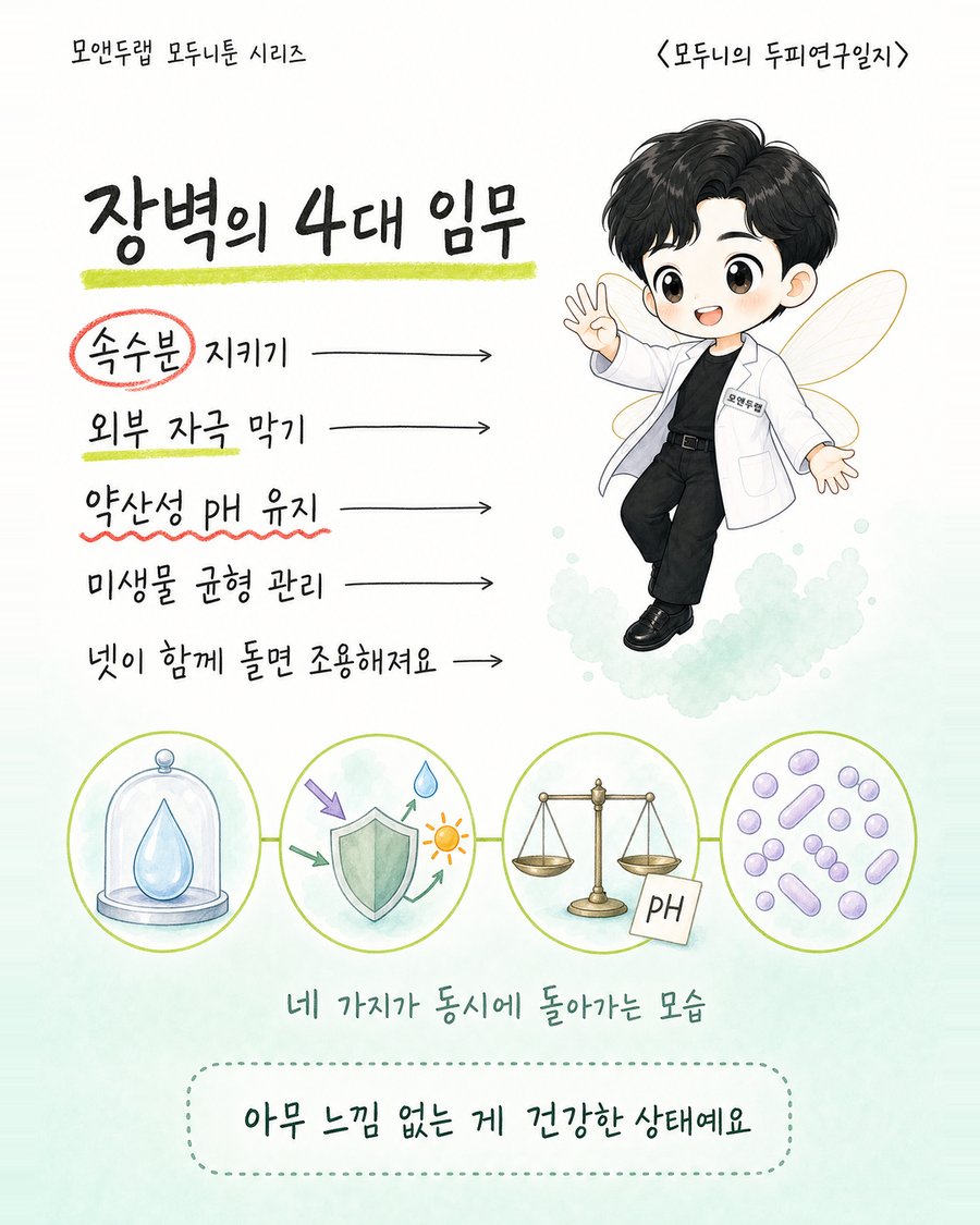 두피 장벽이 매일 수행하는 속수분 지키기·외부 자극 막기·약산성 pH 유지·미생물 균형 관리 네 가지 임무를 고리 모양으로 연결한 다이어그램