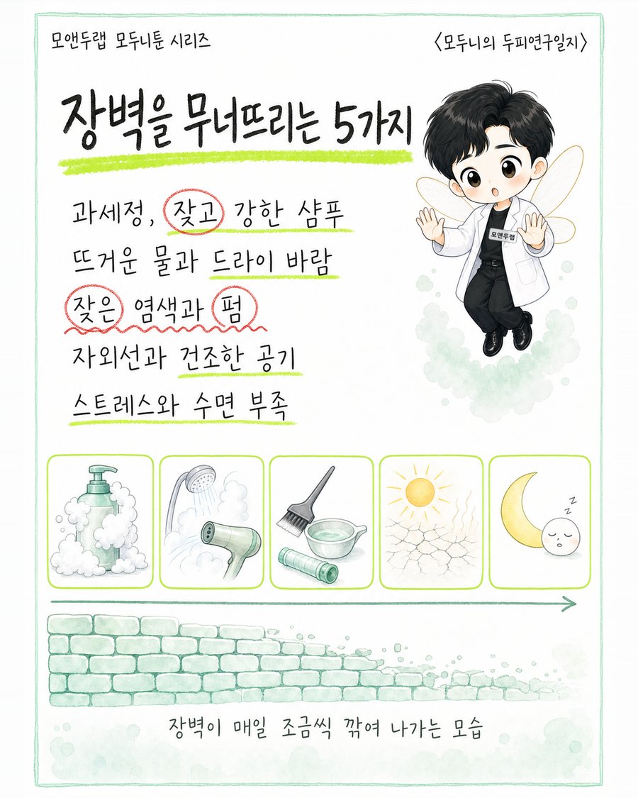 과도한 세정·뜨거운 물과 드라이·잦은 염색펌·자외선과 건조한 공기·스트레스와 수면 부족 다섯 장면을 나열해 장벽 손상 요인을 정리한 그림