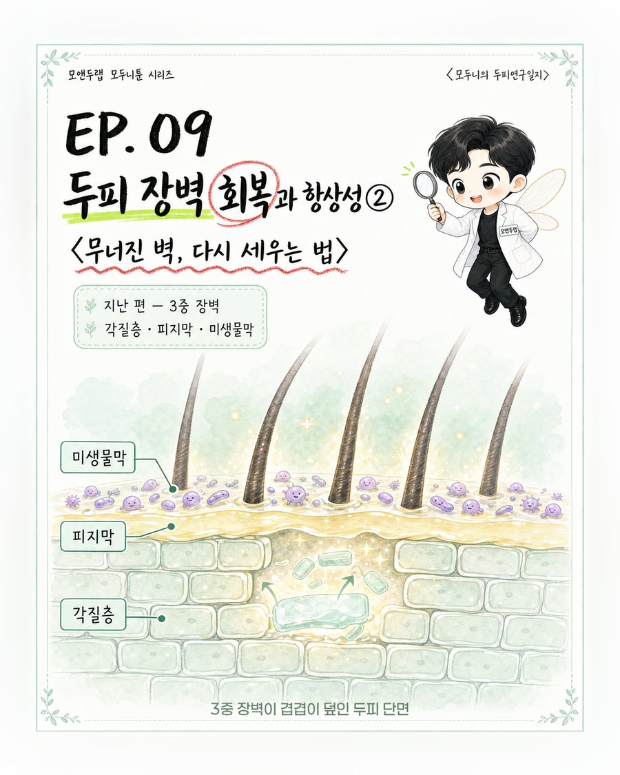 요정 날개를 단 캐릭터가 돋보기로 미생물막·피지막·각질층이 온전하게 겹겹이 쌓인 두피 단면을 들여다보는 모습을 그린 EP09-2 표지 이미지