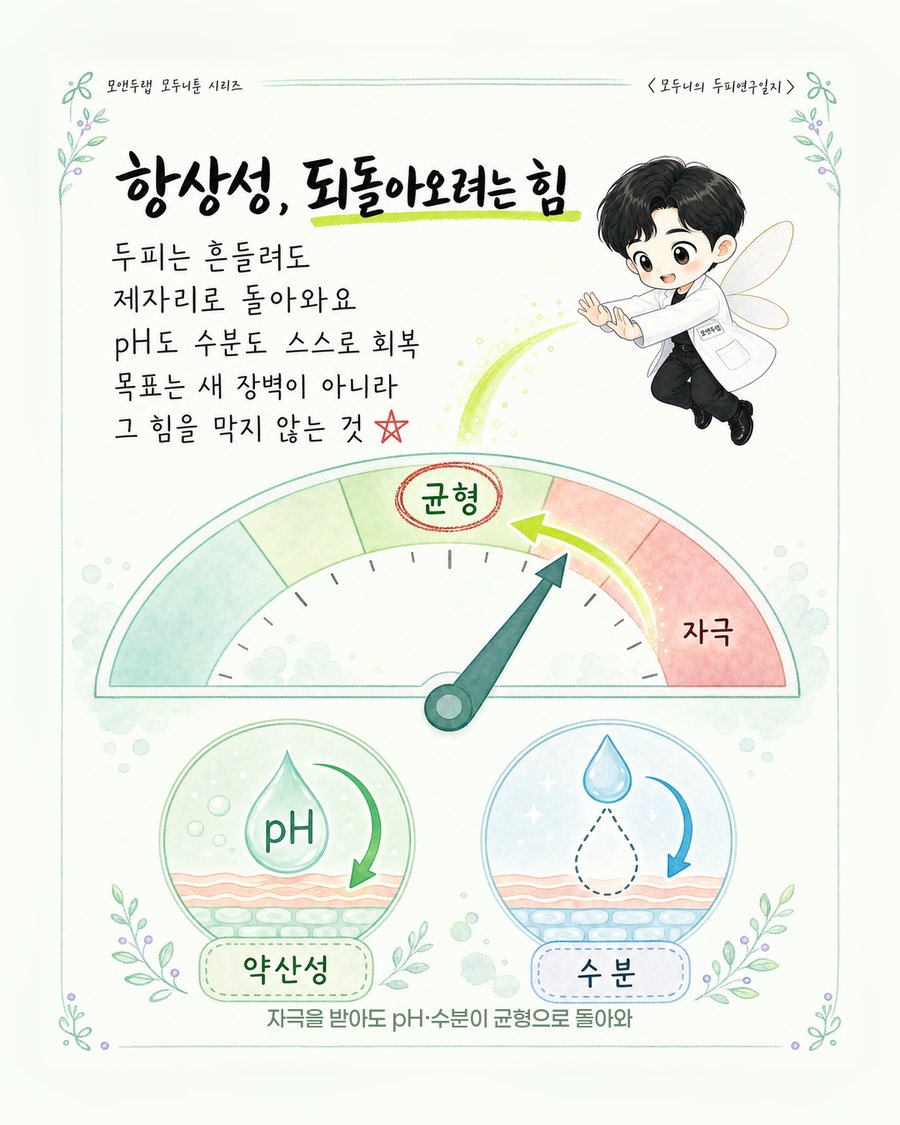 자극으로 붉은 영역까지 치우쳤던 바늘이 다시 균형을 뜻하는 초록 중심으로 돌아오는 나침반 모양의 항상성 개념도