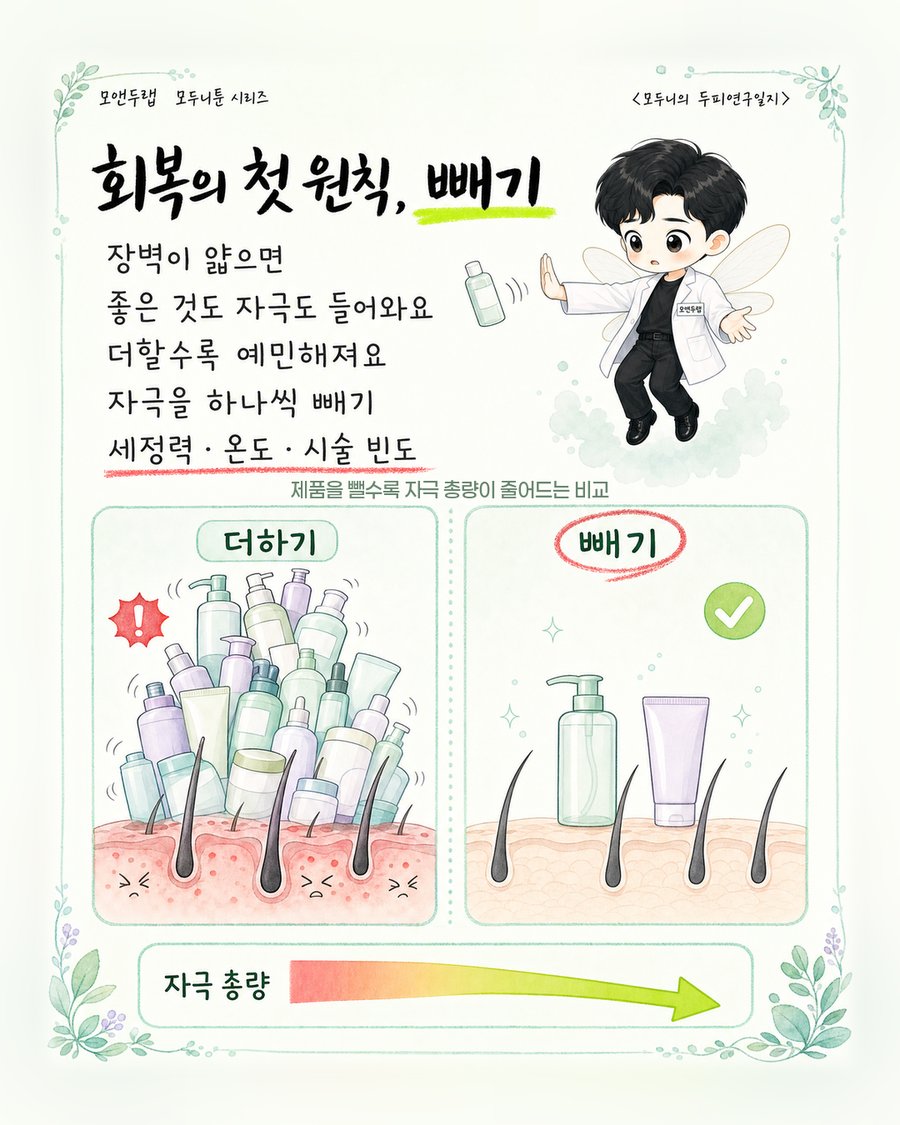제품을 여러 개 겹겹이 얹어 자극이 늘어난 두피와, 자극을 줄여 차분해진 두피를 나란히 비교한 그림