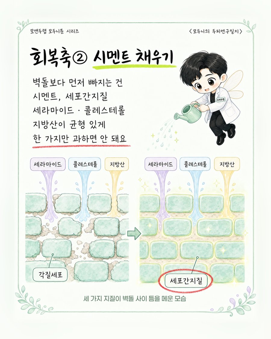손상된 벽돌담 틈으로 세라마이드·콜레스테롤·지방산 세 줄기가 고르게 흘러들어가 메워지는 회복 과정을 표현한 그림