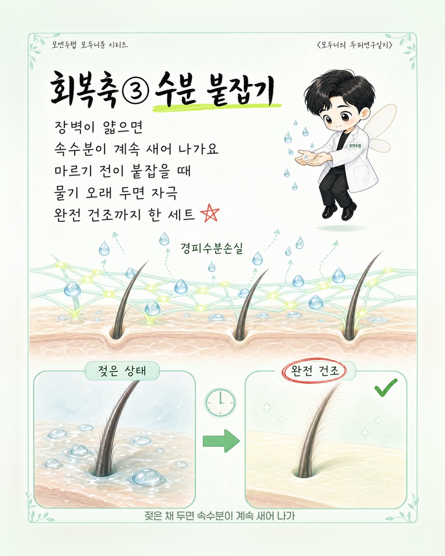 두피에서 빠져나가려는 물방울들을 표면 근처의 얇은 지질막이 붙잡는 모습과, 젖은 머리와 완전히 마른 머리를 비교한 타이밍 그림
