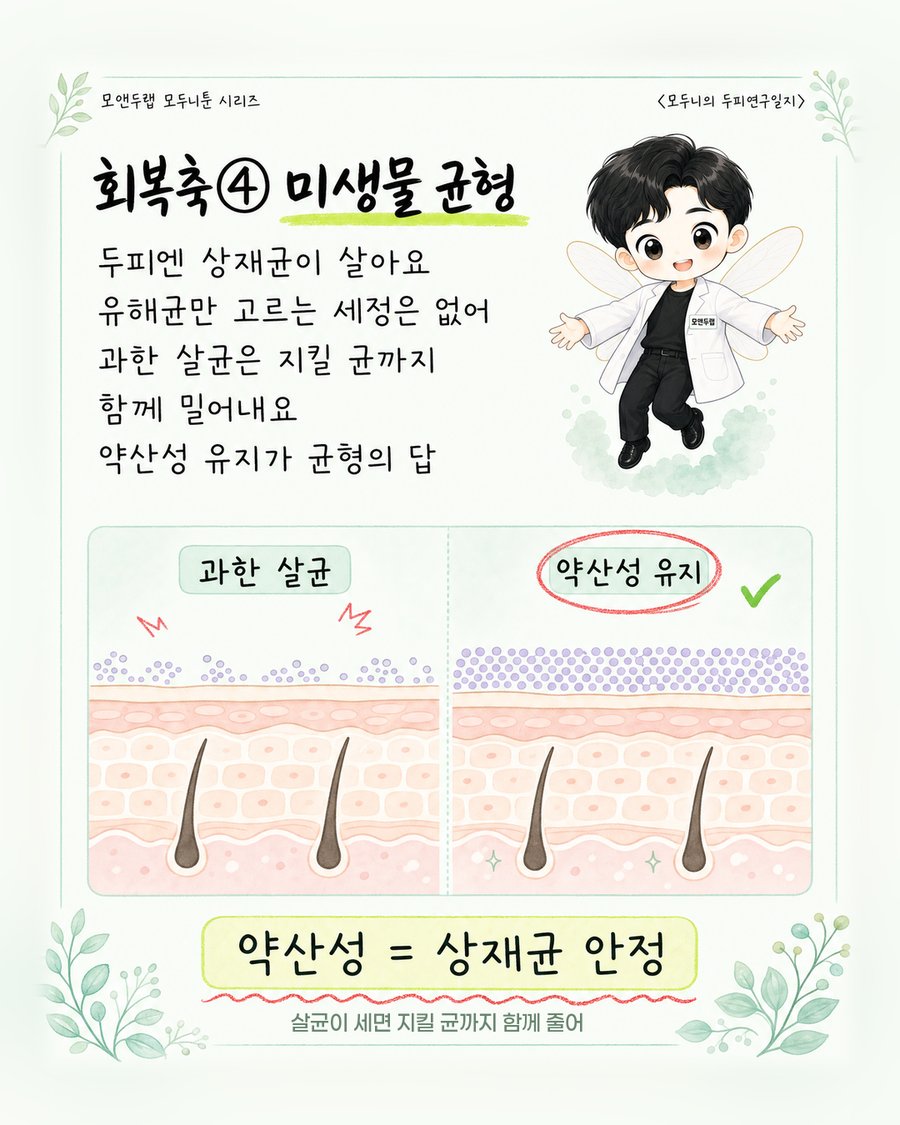 과도한 살균으로 상재균이 듬성해진 두피와 약산성 환경이 유지돼 상재균이 촘촘한 두피를 나란히 비교한 그림