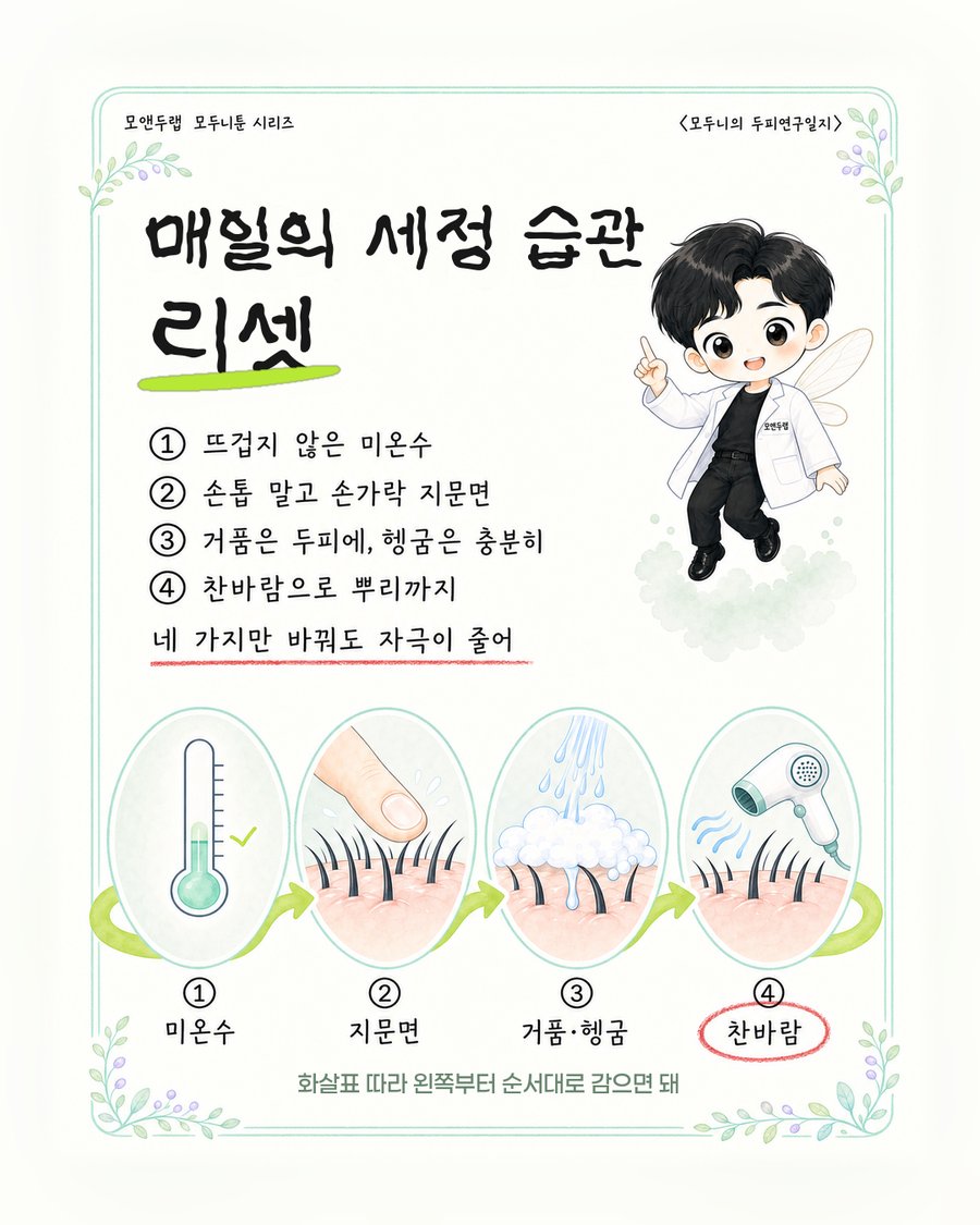 미온수 사용·손가락 지문면 마사지·충분한 헹굼·찬바람 건조 네 단계를 원형 루틴으로 정리한 인포그래픽