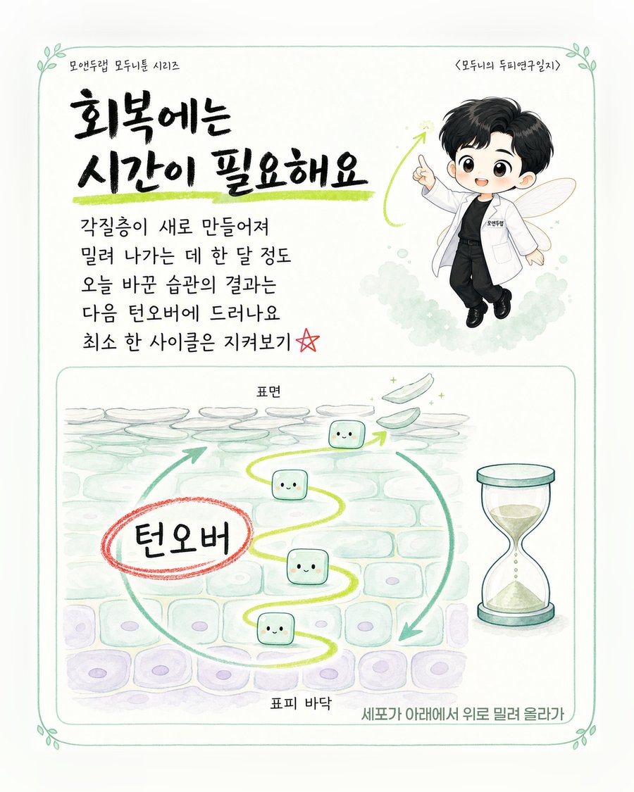 각질세포 한 개가 표피 안쪽에서부터 나선을 그리며 표면까지 밀려 올라가 떨어져 나가는 턴오버 과정을 표현한 그림