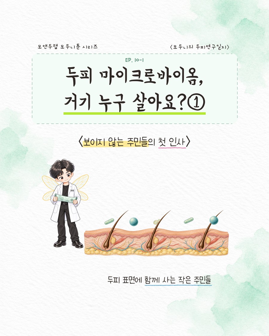 요정 날개를 단 캐릭터가 작은 지도를 들고 두피 단면 위에 떠 있는 세균·효모 아이콘들을 내려다보는 모습을 그린 EP10-1 표지 이미지. 두피 단면에서 모발이 비스듬히 솟아 있고 그 주위로 막대 모양 세균과 둥근 세균 아이콘이 떠 있다