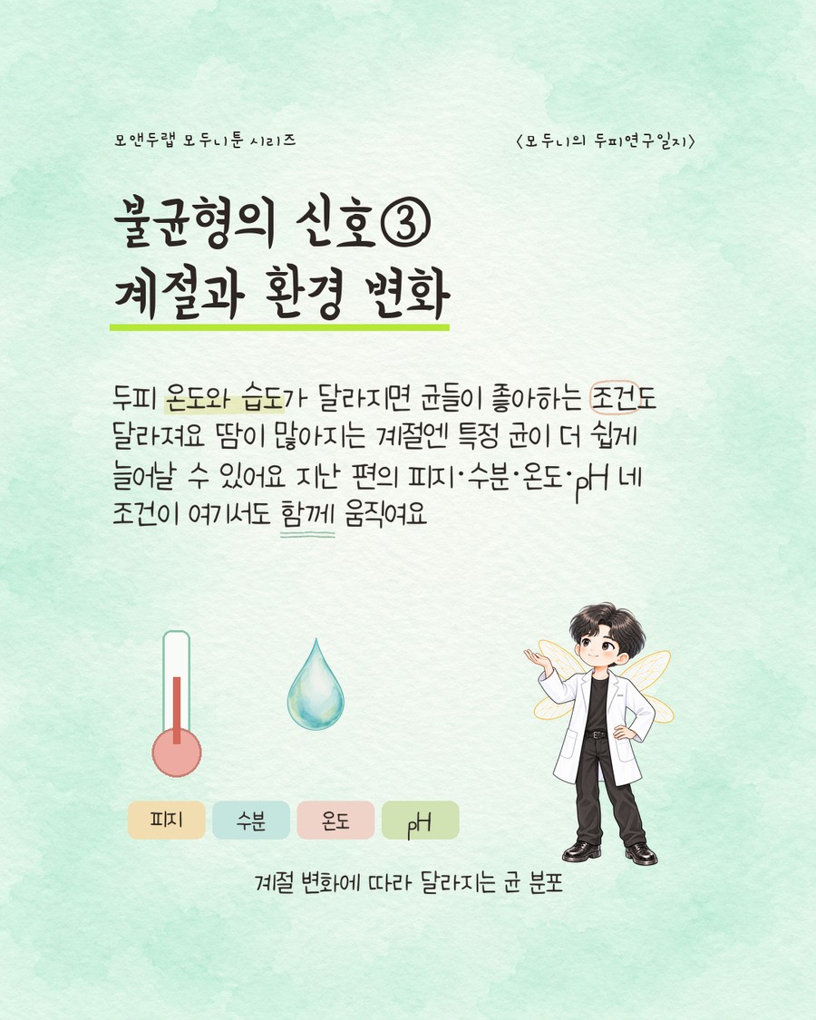 온도계 아이콘과 물방울 아이콘이 나란히 놓여 있고, 그 아래 '피지·수분·온도·pH' 네 개의 작은 알약 모양 라벨 칩이 배치된 그림. 캐릭터가 한 손을 들어 보이고 있다