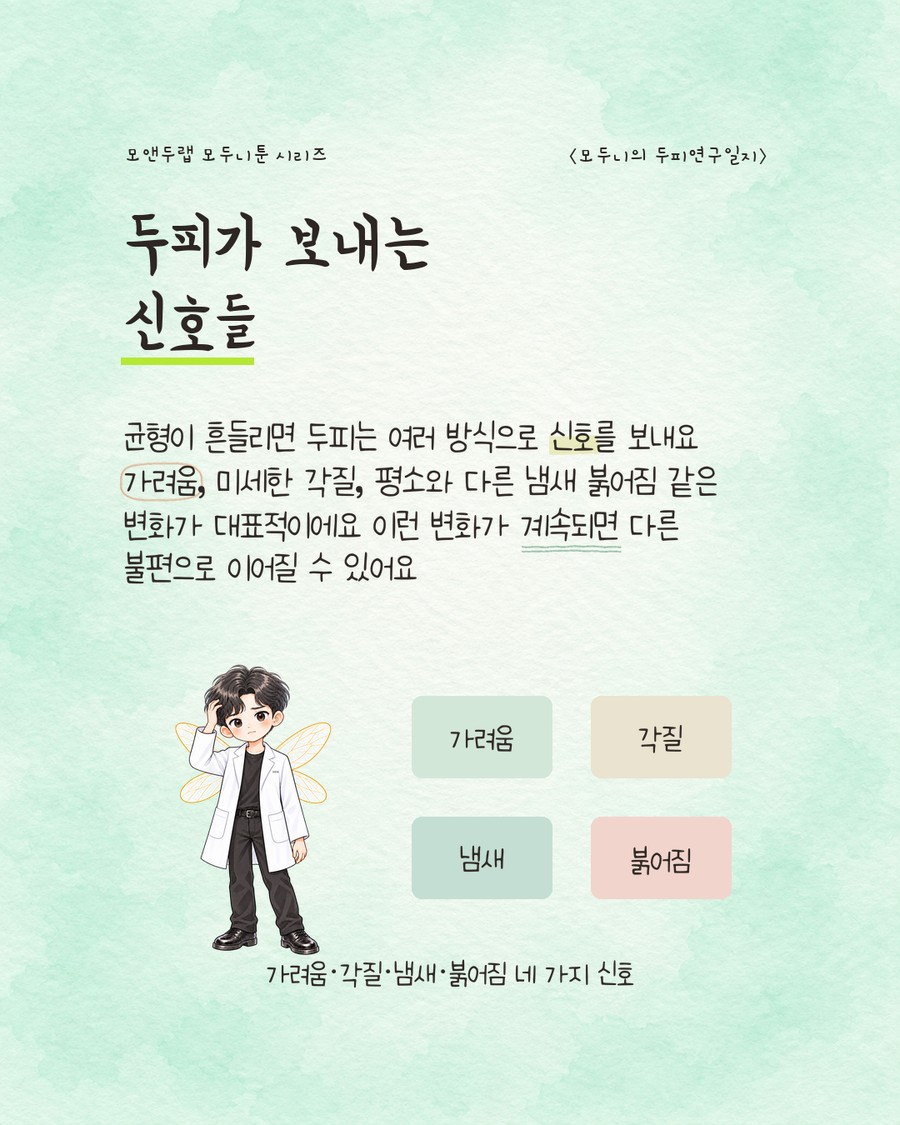 가려움·각질·냄새·붉어짐 네 가지를 각각 다른 색의 둥근 사각 카드로 나열한 그림. 캐릭터가 머리를 긁적이며 곤란한 표정을 짓고 있다